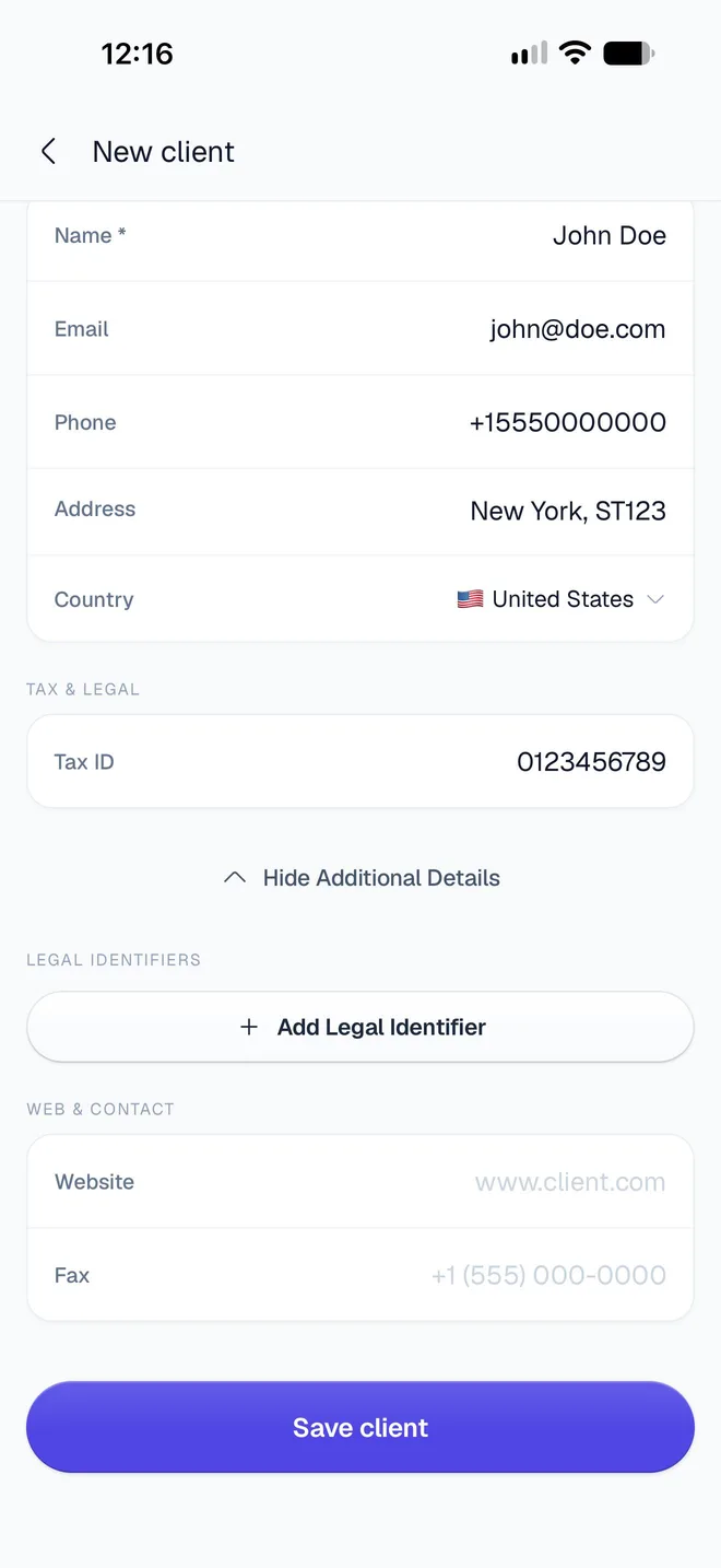 Additional Details opened on the client form, with Add Legal Identifier, and Website and Fax under Web & Contact