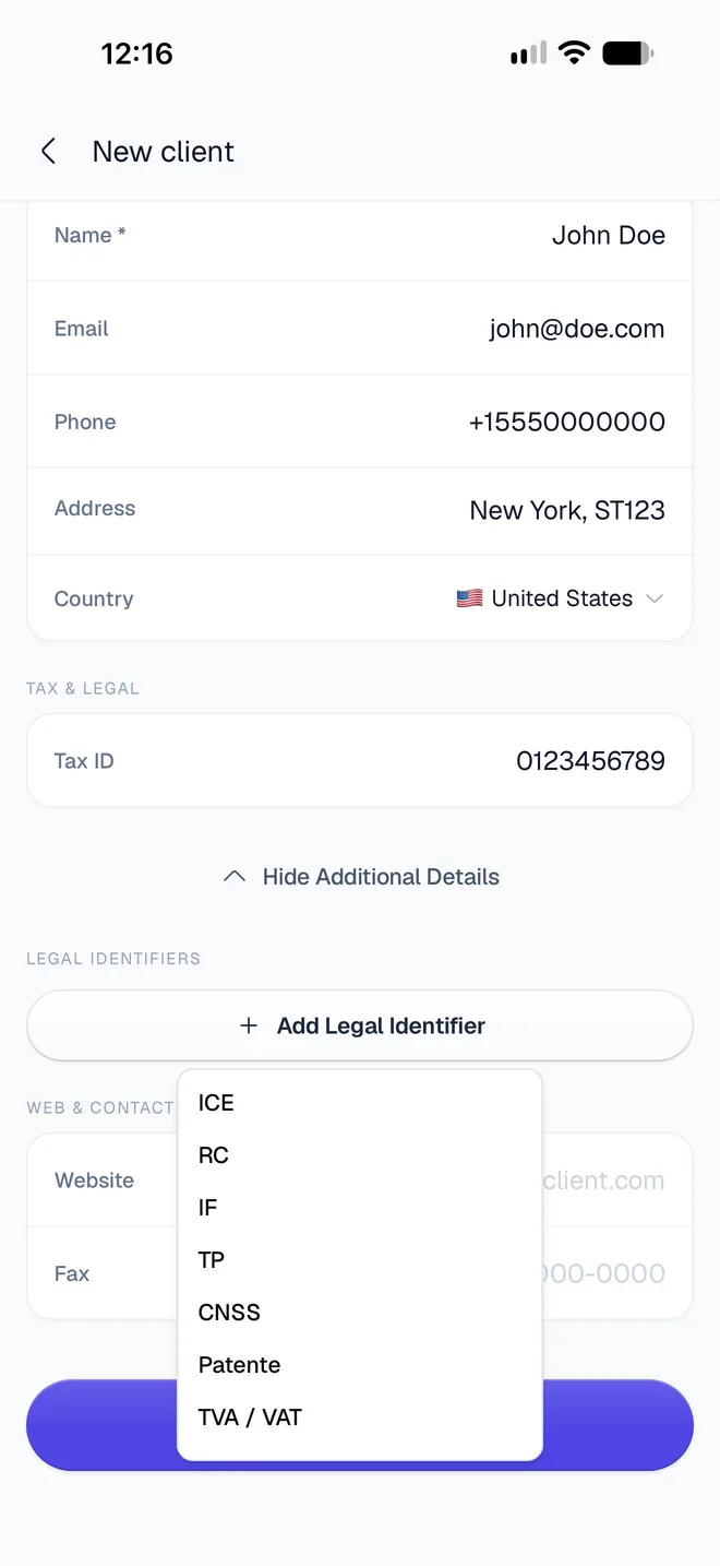 The Add Legal Identifier menu listing ICE, RC, IF, TP, CNSS, Patente and TVA / VAT