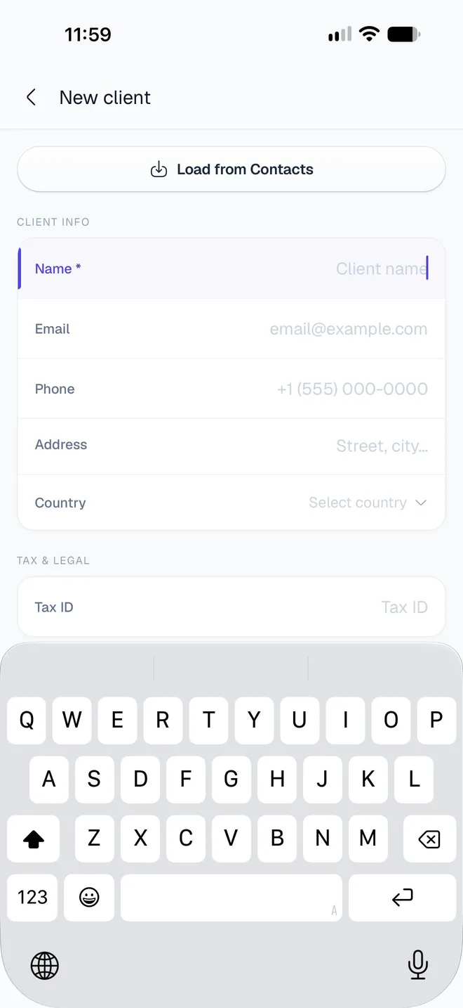 The New client form, empty, with Load from Contacts, Name, Email, Phone, Address, Country and Tax ID