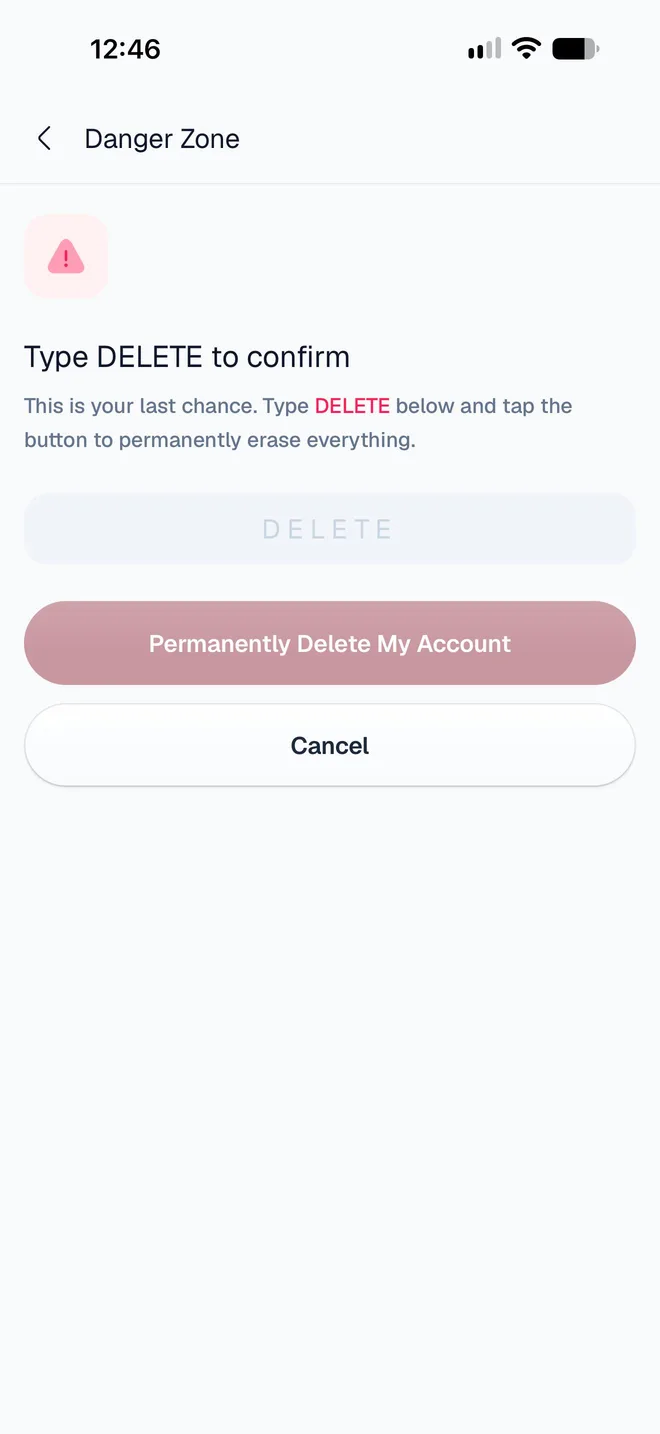 Type DELETE to confirm, with a DELETE field and a Permanently Delete My Account button