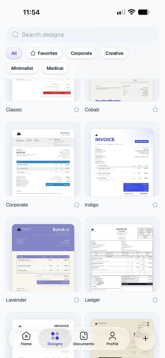 The Designs tab with a search box, category filters and design cards such as Corporate, Indigo, Lavender and Ledger
