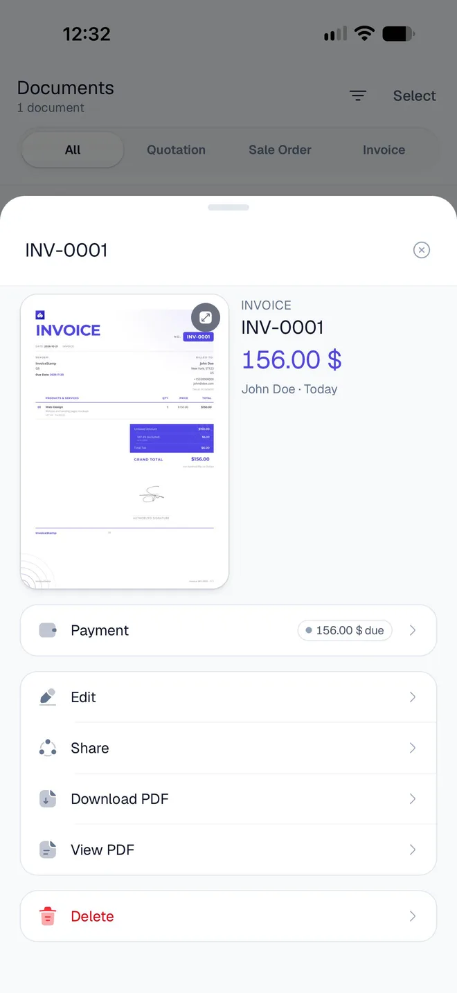 The sheet for INV-0001: a thumbnail, 156.00 dollars for John Doe today, a Payment row showing 156.00 dollars due, and Edit, Share, Download PDF, View PDF and Delete