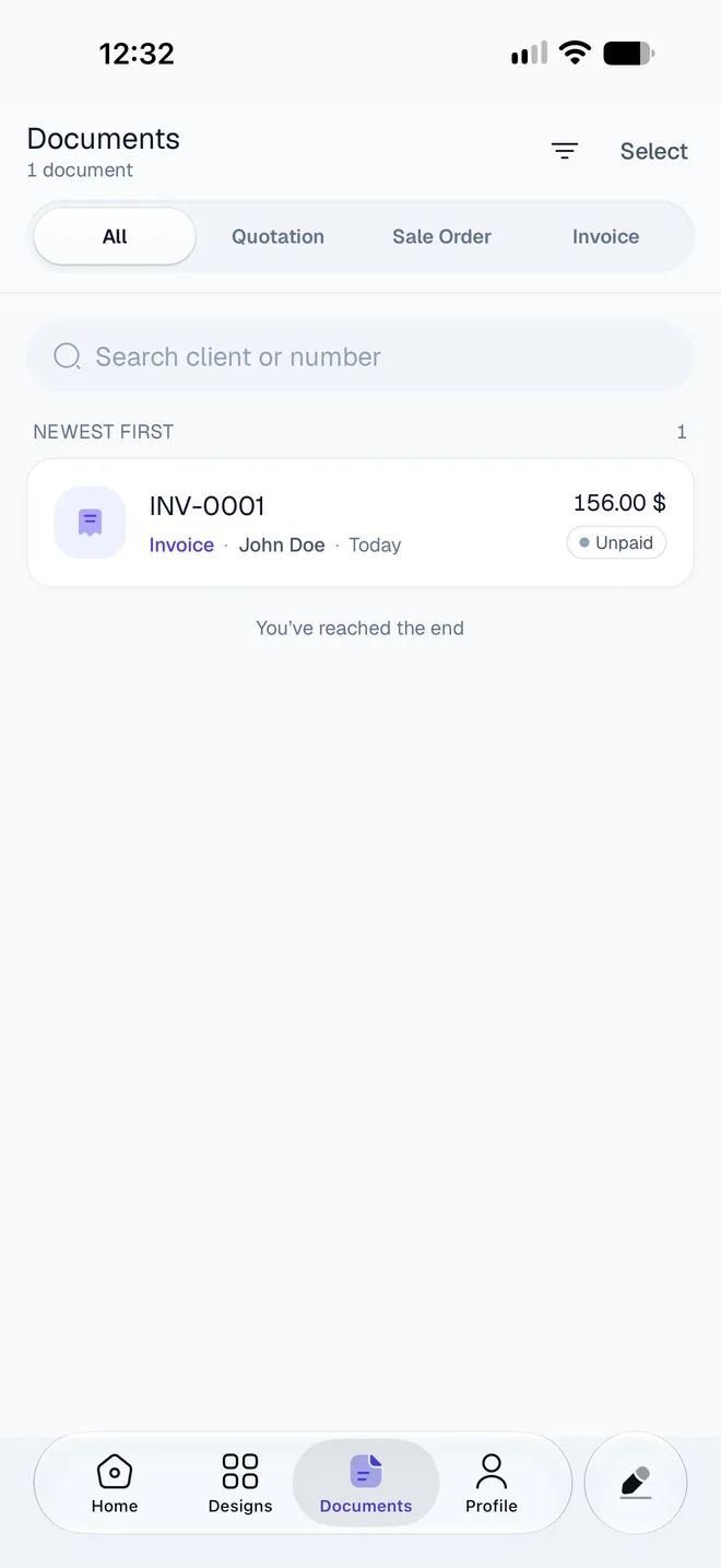 The Documents tab with one invoice: INV-0001, Invoice, John Doe, Today, 156.00 dollars, Unpaid