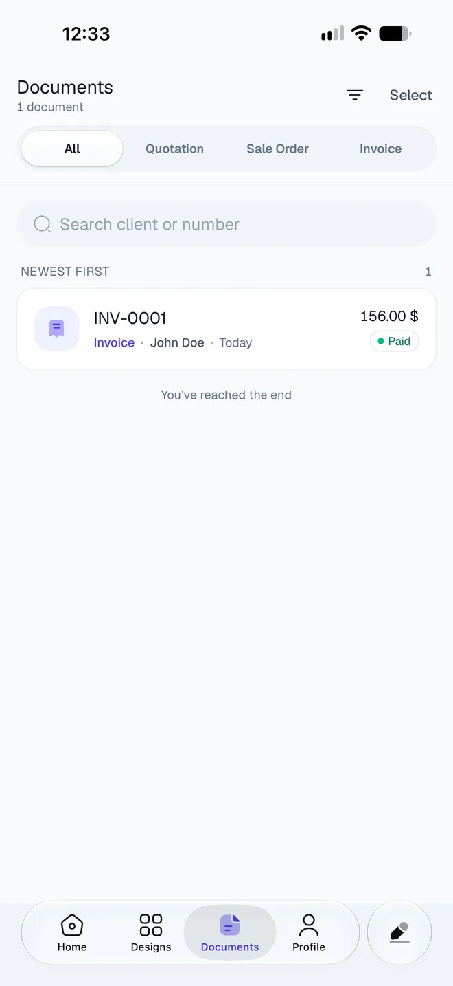 The Documents list with invoice INV-0001 for John Doe now showing a green Paid pill