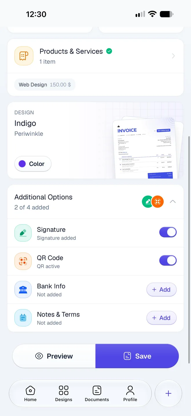 Additional Options showing 2 of 4 added: Signature and QR Code switched on, Bank Info and Notes & Terms not added