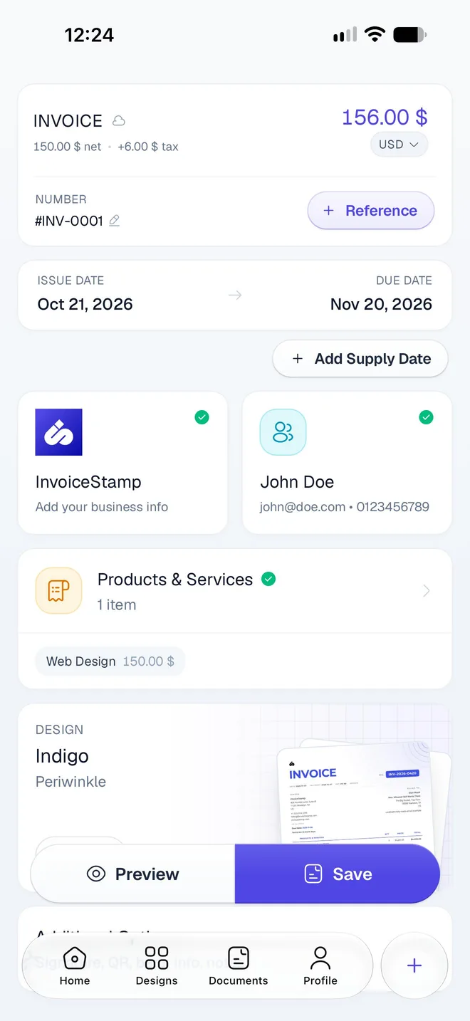 The InvoiceStamp invoice editor, with the business, client and items cards filled in