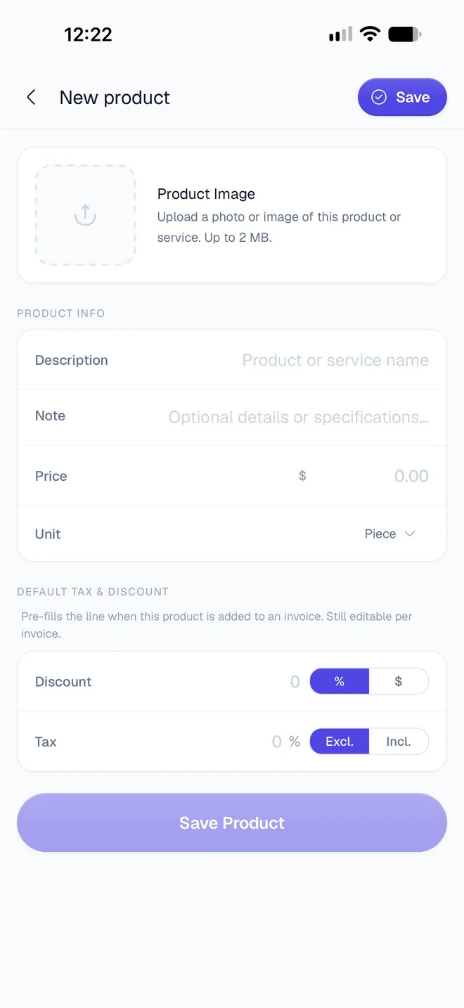 The New product form, empty: Product Image, Description, Note, Price, Unit set to Piece, and Discount and Tax at 0
