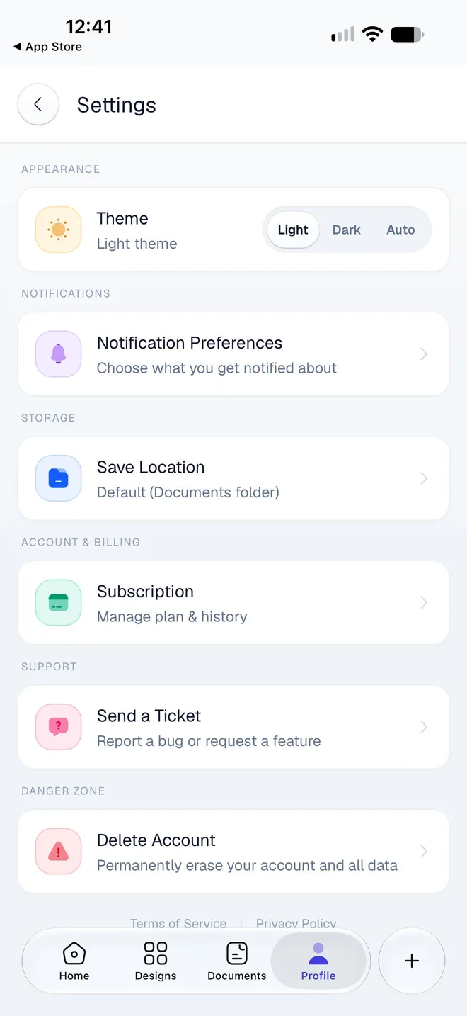 Settings scrolled down to the Danger Zone, with Delete Account: Permanently erase your account and all data