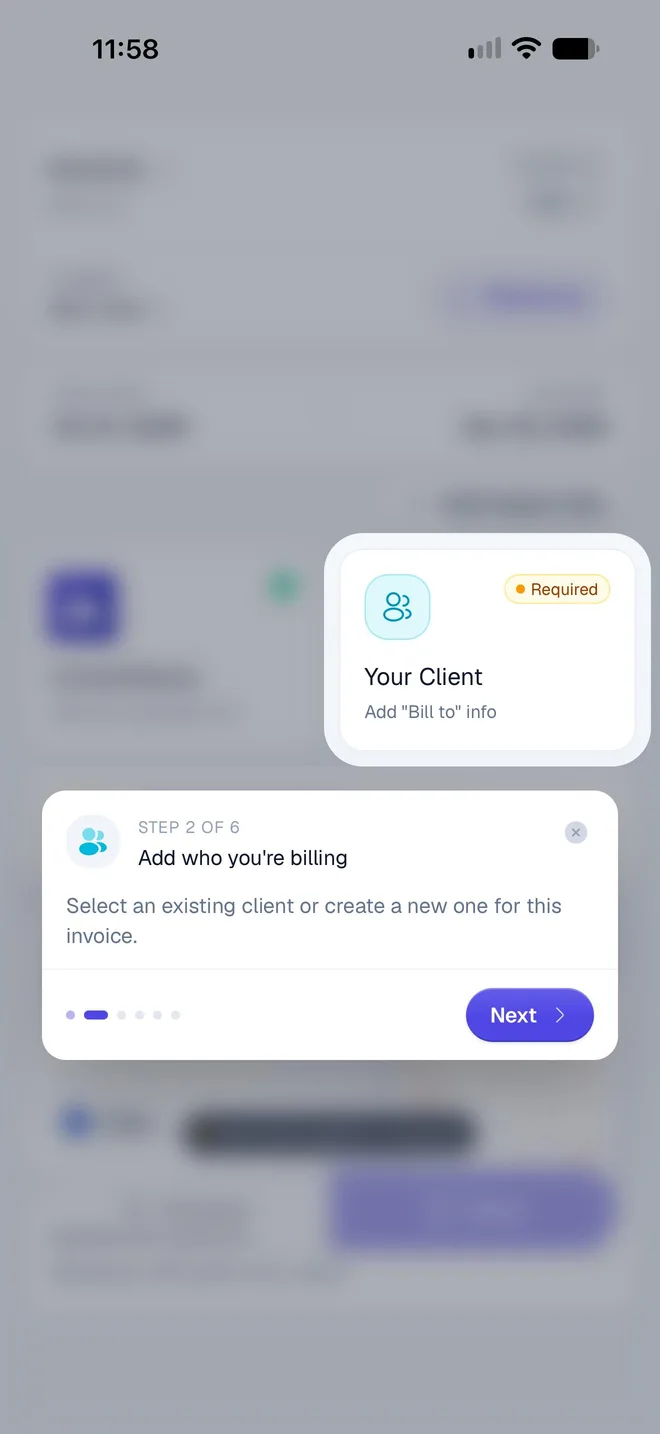 Tour step 2 of 6, Add who you're billing, pointing at the Your Client card marked Required