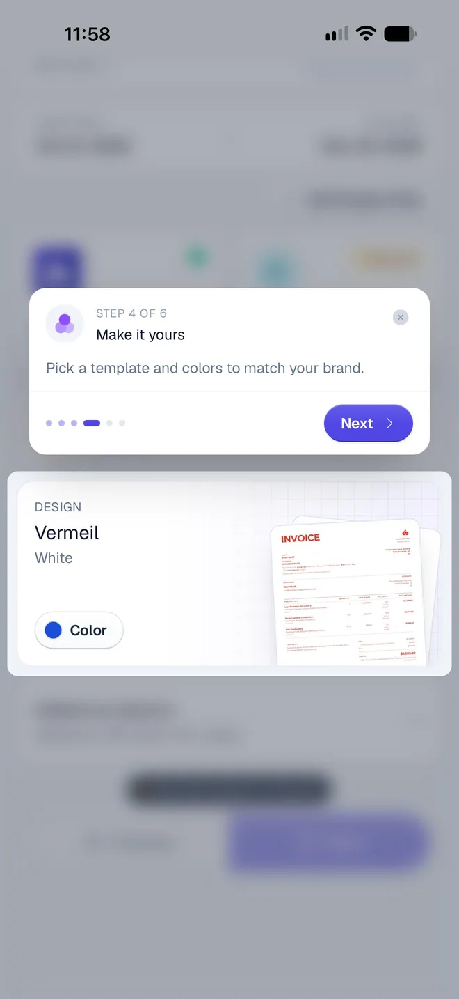 Tour step 4 of 6, Make it yours, pointing at the Design card with its Color button