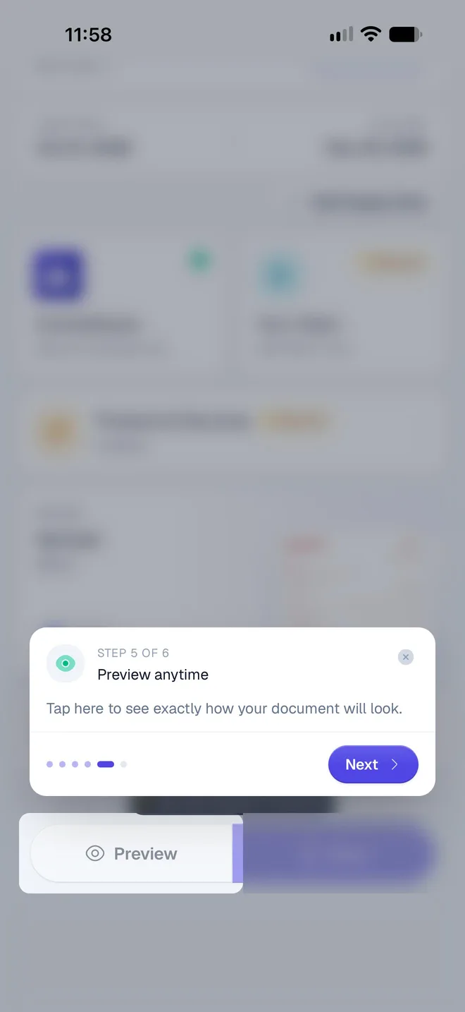Tour step 5 of 6, Preview anytime, pointing at the Preview button