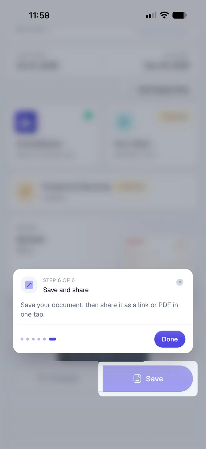 Tour step 6 of 6, Save and share, pointing at the Save button, with a Done button to close the tour